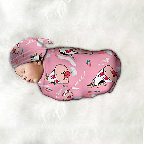 Image of Cartoon Cow Newborn Swaddle Blankets Beanie Hat Sets,Newborn Receiving Blanket for Boy Girl,Swaddle Sack Shower Infant Gift, One Size