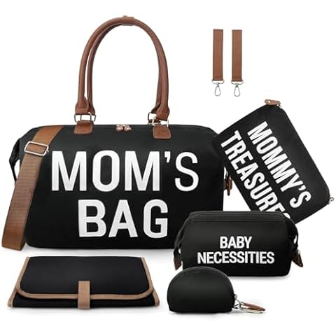 printe 6pcs Large Diaper Bag Tote with Changing Pad & 2 Organized Pouches, Mom's Bag for Hospital with Pacifier Case, Straps, Stroller Hook, Baby Diaper Bag for Weekender Travel Cover
