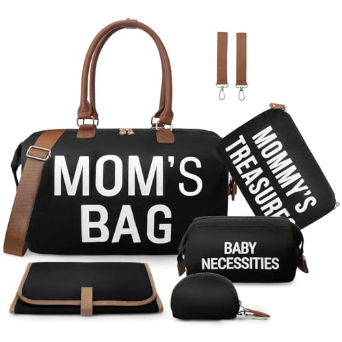 Image of printe 6pcs Large Diaper Bag Tote with Changing Pad & 2 Organized Pouches, Mom's Bag for Hospital with Pacifier Case, Straps, Stroller Hook, Baby Diaper Bag for Weekender Travel