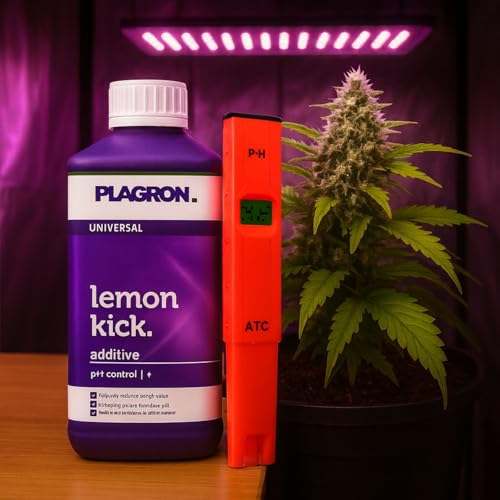 Plagron Lemon Kick 500 ml evita hojas amarillas midiendo el pH con kit Eco 7