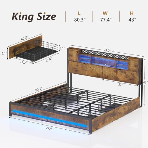 CSZZD King Size Bed Frame with Storage Drawers and Bookcase Headboard, Wooden Platform King Bed with LED Lights and Charging Station, Hidden Storage, No Box Spring Needed/Noise Free, Vintage Brown