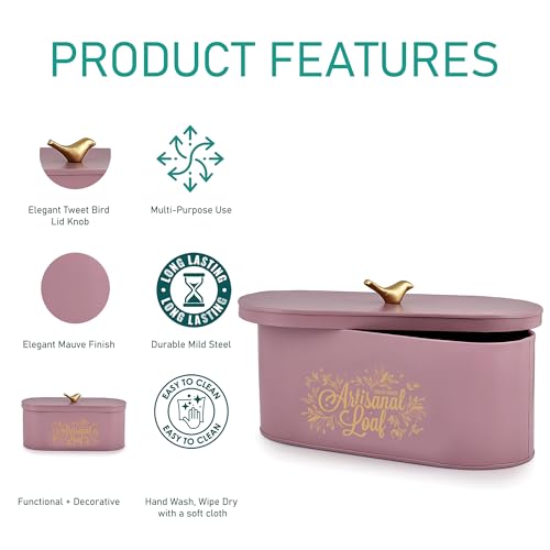 Image of Elan Gingham and Blooms Bread Box with Tweet Bird Knob, Food-Grade Storage for Bread and Bakery Storage Container (Mauve)