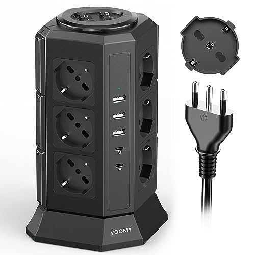 VOOMY Multipresa Verticale con 12 Prese Universali ITA (4000W 10/16A), 2 USB C (20W PD3.0) e 3 USB A, Ciabatta Multipresa Protezione Sovratensione con 2 Interruttori Indipendenti, 2M Cavo, Nero