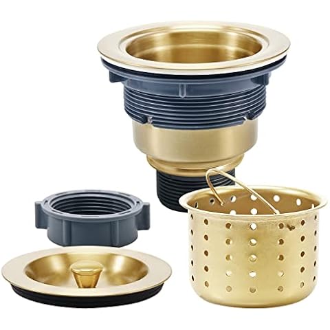 KONE 3-1/2 Inch Gold Sink Drain, Durable Stainless Steel Brass Kitchen Sink Drain Assembly Kit with Sink Strainer Waste Basket/Strainer Assembly/Sealing Lid for Standard Kitchen Sink Cover