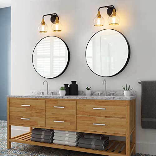 Image of Black and Gold Bathroom Light Fixtures 2-Lights Vanity Lights with Clear Glass Shade Bathroom Vanity Light 14 Inch Wall Sconces(Exclude E26 Bulb)