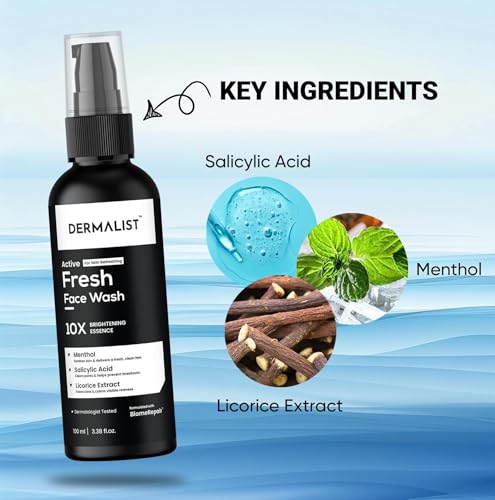 Image of Dermalist Active Fresh Face Wash with Menthol, Salicylic Acid & Licorice | 10X Brightening | Oil Control, Acne & Pore Cleanser | For All Skin Types | 100ml