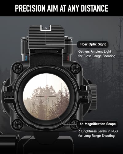PINTY 4x32 Tactical Rifle Scope with Fiber Optic Sight, Red Green Blue Illuminated Reticle Prism Scope with 3 Brightness Levels, Hunting Gun Scope with Mount for 20 mm Picatinny Rails - Thumbnail 6