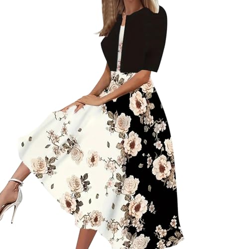 Sommerkleid Damen Knielang - Kleider Damen Festlich Elegant, Abendkleid Damen Midi Brautmutterkleider mit Jacke Blumen Drucken Brautmutter Kleid...