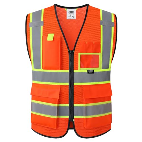 JKSafety Safety Vest for Men Women Hi Vis Vest with Pockets and Zipper High Visibility Reflective Safety Vests Meet ANSI Standard Orange Color Extended Yellow Strips (BX340-Orange 3XL)