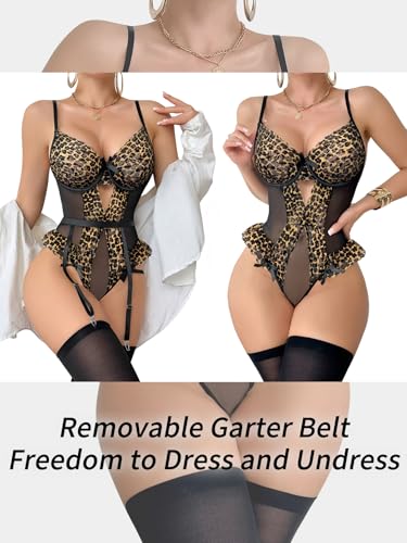 Image of Sexy Stocking Lace Mesh Bodysuit Top Underwire Garter Lingerie Set 3 Piece