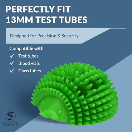 Image of S I Schaller Industries Hedgehog Test Tube Holder, 13mm - Veterinary Blood Test Tube Rack, Holds 12 Vials, Compact Fun Design Organizer for Veterinary and Research Lab Use - Green