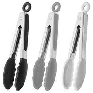 Small Silicone Tongs 7-Inch Mini Serving Tongs, Set of 3 (Black Gray White)