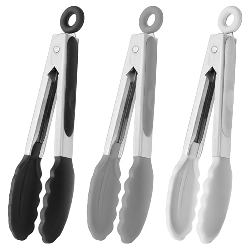 Small Silicone Tongs 7-Inch Mini Serving Tongs, Set of 3 (Black Gray White)