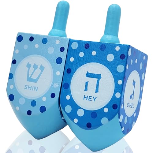The Dreidel Company Extra Large Hand Painted Wood Hanukkah Dreidels, 2-Pack Pastel Blue & White Design