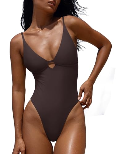 LASLULU One Piece Swimsuits for Women 2026 Cute Crisscross Backless Bathing Suit Padded Adjustable Spaghetti Straps Swimwear(Coffee Large)