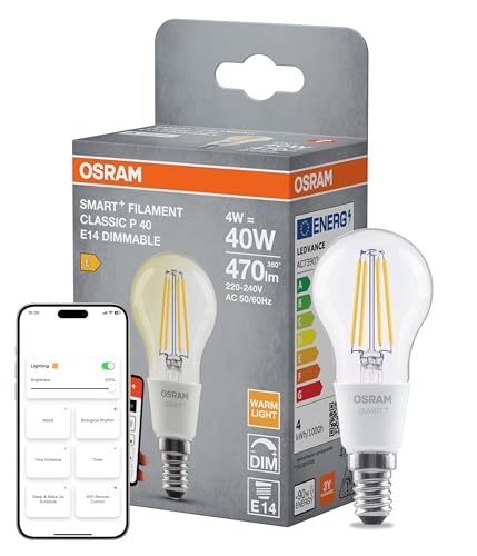 Osram Lampe LED SMART+, P40, 4 W, 2 700 K, E14, forme bougie, filament, transparente, intensité variable, contrôlable par application ou par la voix,...