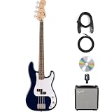 Fender Squier Sonic Precision Bass Guitar - Midnight Blue Bundle with Rumble 15 Bass Amplifier, Instrument Cable, Tuner, Strap, and Austin Bazaar Instructional DVD