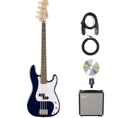 Fender Squier Sonic Precision Bass Guitar - Midnight Blue Bundle with Rumble 15 Bass Amplifier, Instrument Cable, Tuner, Strap, and Austin Bazaar Instructional DVD