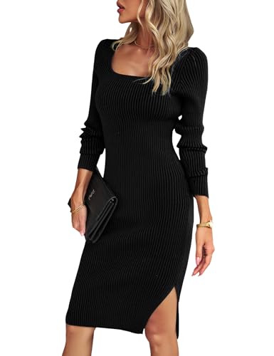 Heersan Elegant Strickkleid Damen mit Schlitz Figurbetontes Kleid Rippstrick Pulloverkleid Langes Herbst-Winterkleider Mit U Ausschnitt Party...