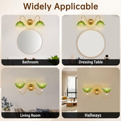 Image of Vintage Bathroom Vanity Light, 2-Light Matte Brass Finish Vanity Light with Floral Green Glass Shades, Retro Wall Sconce for Bathroom, Dressing Table