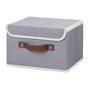 ANMINY Storage Bin with Lid Storage Boxes with PU Leather Handles PP Plastic Board Decorative Foldable Lidded Cotton Linen Fabric Home Cubes Baskets Closet Organizer Container – Gray, Small Size