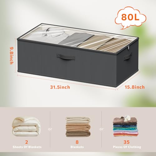 Chizjox 2 Pack Under Bed Storage Containers, 10 Inch Tall Underbed Clothes Storage Organizer Bin with Clear Window，Foldable Box Basket for Clothes, Closet, Bed Sheets and Blankets Black — view 3
