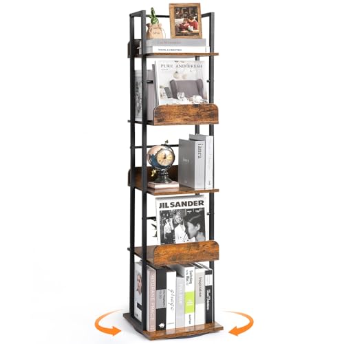 Bikoney Rotating Bookshelf, Spinning Bookshelf Tower, 5 Shelf Bookcase, 360 Display Narrow Bookshelf, Tall Industrial Book Shelf Organizer, Small Corner Book Shelves for Living Room, Black