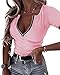 OwnTime Womens Summer Tops Short Sleeve Shirts Sexy V Neck Slim Fit Zip Up Tops Ribbed Knit Henley Shirts Blouses Light Pink M