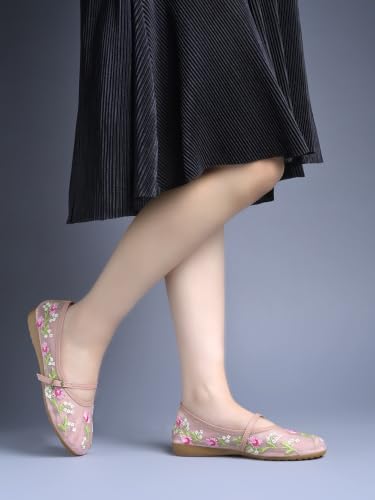 Image of Shoetopia Women'sFloral Embroidered Mary Jane Flats - Elegant Mesh Ballerinas with Adjustable Buckle Strap