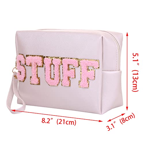 Oaesc Cosmetic Bag Chenille Letter Patches Waterproof Travel Pouch Pu Makeup With Wrist Strap Bags (Beige-Stuff) #TOP4