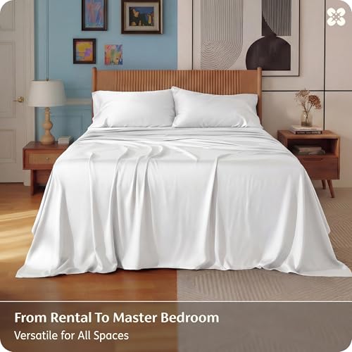 Image of Bedsure Queen Sheet Set, Cooling Sheets for Queen Size Bed Set, Rayon Derived from Bamboo, PureWoven, Breathable & Soft, Deep Pocket Up to 16 Inches, Hotel Luxury Silky Bedding for Hot Sleepers, White
