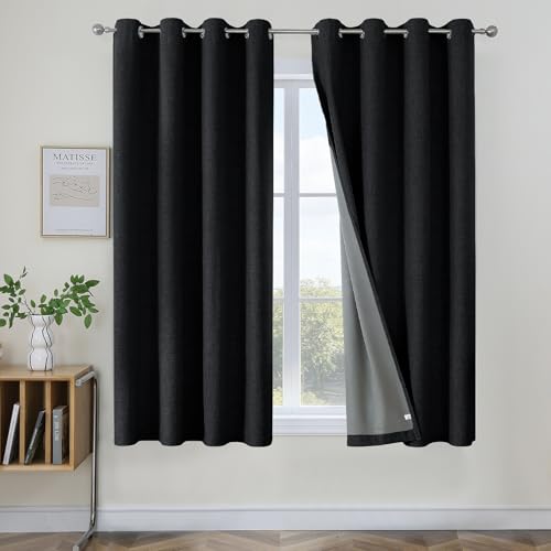 Image of Joydeco Black Curtains 63 Inch Length, Black 100% Blackout Curtains for Bedroom, Room Darkening Thermal Insulated Short Textured Grommets Curtains & Drapes for Living Room(42x63 inch, Black)