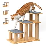 FUKUMARU Hundetreppe, 3 Stufen Haustiertreppe, Katzentreppe aus Kiefernholz und Jute，18-51cm einstellbare Höhe, Hält bis zu 90 kg, 6 Kombinationsmöglichkeiten zum Aufsteigen auf Betten & Sofas, Grau