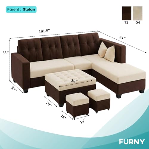 Image of FURNY Nathan 8 Seater L Shape Sofa Set RHS (Dark Brown-Cream) | Suede Velvet Finish | Durable Comfort Sofa for Modern Living Room & Office Spaces