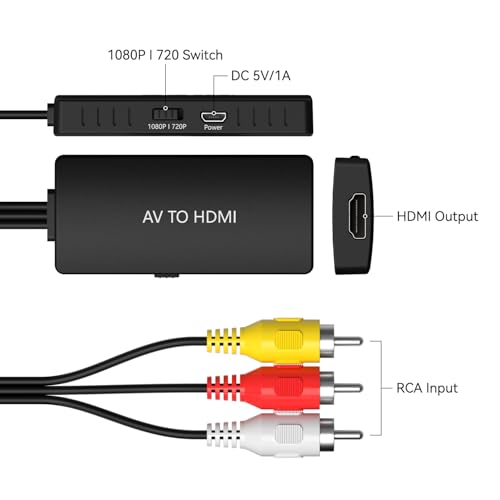 Image of Male RCA to HDMI Converter, CVBS Composite AV to HDMI Adapter, Full HD 720P / 1080P Output Switch for DVD, STB, VCR