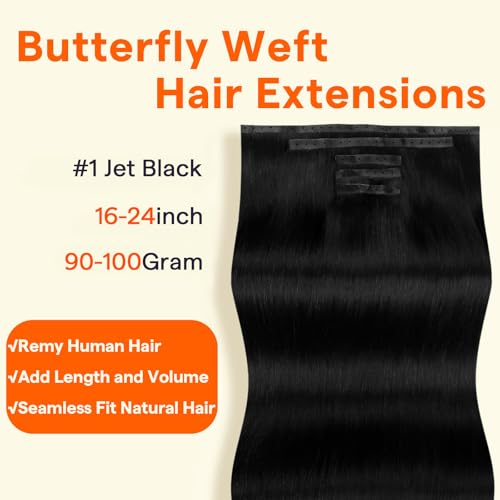 Image of Full Shine Butterfly Weft Hair Extensions Human Hair, Jet Black 16 Inch 90g | 5Pcs Straight Hairpieces, Invisible Pu Holes, Comfortable Genius Weft, Lightweight Micro Bead Hair, Natural Look for Women