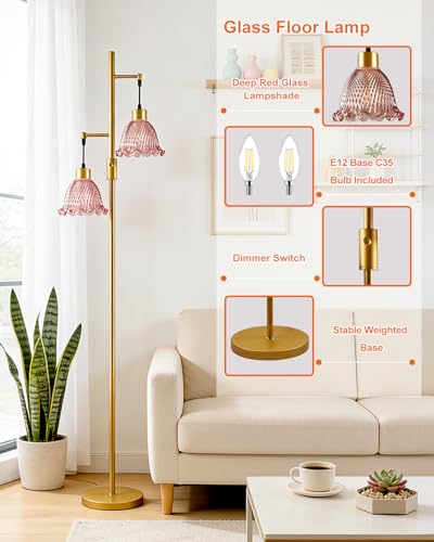 Image of Lightdot 65IN Gold Flower Floor Lamp for Living Room, 2- Light Dimmable Floor Lamps with Deep Red Glass Lampshade,3000K Warm White Modern Standing Tall Lamp with 5Lbs Heavy Base for Bedroom Sofa