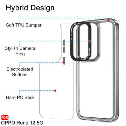 Image of TheGiftKart Hybrid Shockproof Back Cover Case for Oppo Reno 12 5G | Stylish Camera Border | Electroplated Buttons | Crystal Clear Hard Back Cover Case (TPU & PC, Smoked Bumper)