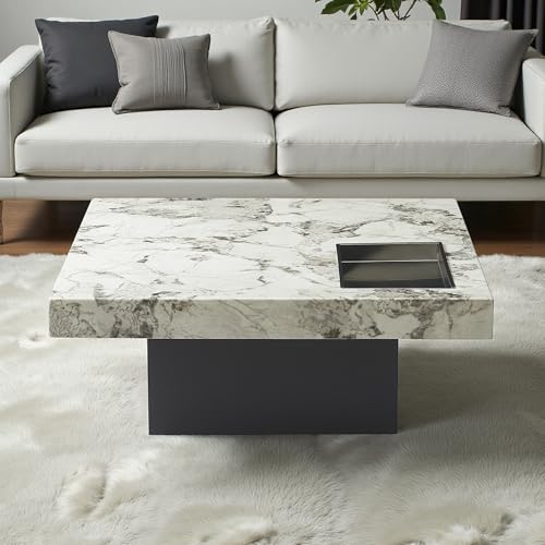 Image of The Attic Imperial Marble Artisan Coffee Table with Built-in Display Tray - Luxury Modern Living Room Centerpiece