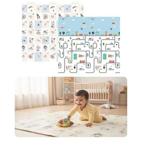 Image of Kids Station Double-Sided Waterproof Baby Playmat - Foldable, Portable & Reversible Foam Mat for Infants, Toddlers & Kids - Soft, Non-Slip, Easy-to-Clean Baby Crawling Mat for Indoor /Outdoor Use (200x150x1.0cm, City & Rocket Print Big)