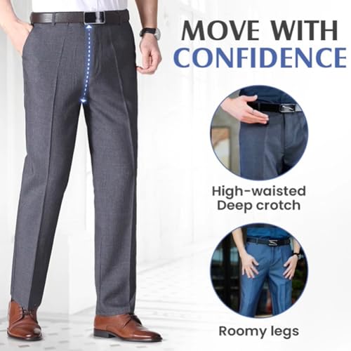 OldenEase Men’s Pleated Ice Silk High-Waist Comfort Pants, Double Pleats Pleat-Front Dress Pant, Men Business Suit Pants4