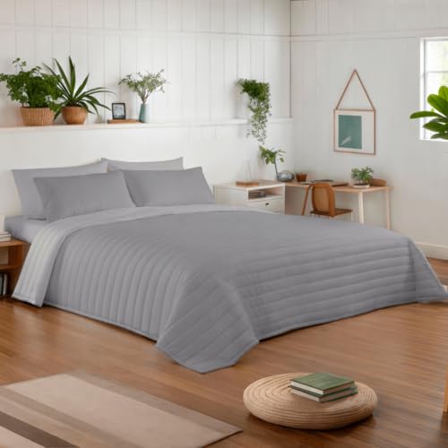 NATURALS - Colcha Bouti Reversible Bicolor | Cama 135/150 (250x260 cm) | Microfibra Extrasuave | Cubrecama Acolchado a Líneas | Ideal Primavera y Verano | Gris/Gris Claro