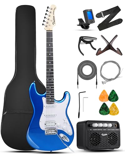 Tostar Electric Guitar Kit with Amp, 39' Full Size 6 String, Lightweight, Rounded Body Design, 5-Way SSH Pickup Switch, 2 Tone & 1 Volume Knobs, Beginner Electric Guitar for Man Woman Lake Placid Blue