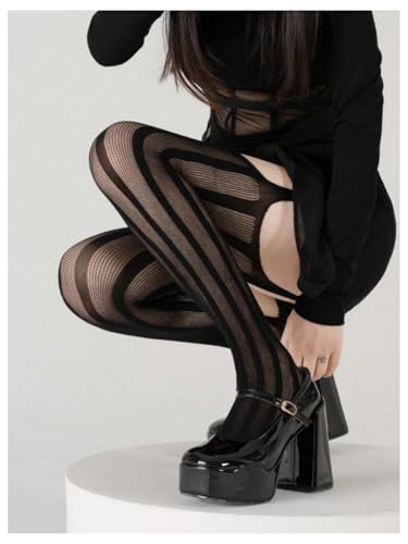 OYOANGLE Women's Striped Fishnet Suspender Stockings Party Club Sheer Tights Pantyhose4