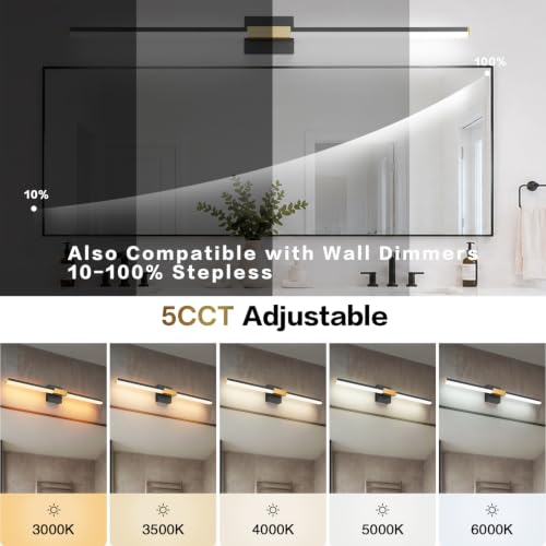 Image of SOLFART Bathroom Vanity Lights 48-Inch: Black and Gold 5CCT Dimmable Bathroom Lights Over Mirror, Solid Frosted Acrylic, Built-in Dimmer, CRI88 Soft Light, ETL IP44