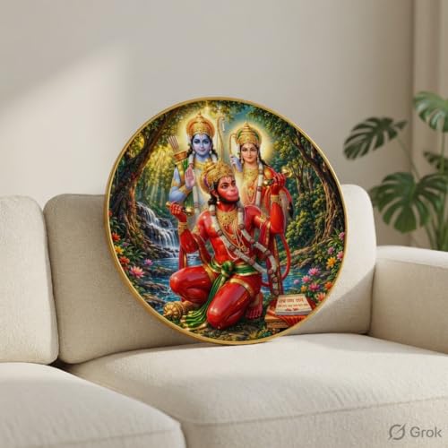 Image of SAF Ram Sita with Hanuman Wall Art with PVC Round Frame | Sparkle Laminated Lord Ram Sita Hanuman Devotional Painting | Spiritual Wall Decor for Home Temple Living Room Gift Item