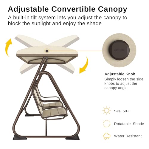 EAST OAK 2-Person Outdoor Patio Swing Chair with Adjustable Canopy, Porch Swing with Comfortable and Breathable Seats, Independent Swing Chairs for Garden, Balcony, Backyard, Chestnut Brown