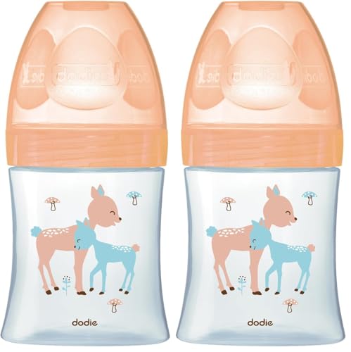 Dodie - Biberon Anti-Colique Sensation+ Verre, BEIGE BICHE, 150ml, 0-6 mois, Tétine plate, Débit 1 (Lot de 2)