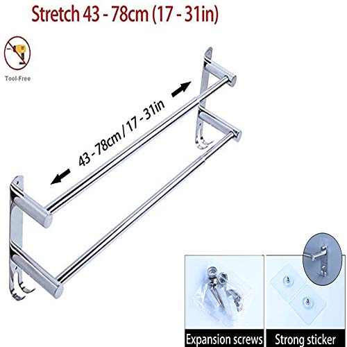Towel Bars Freely Retractable 20-30 Inche Stainless Steel 304 Bath Towel Rack Strong 3M Adhesive Bathroom Wall-Mounting Free Mounting Hole-Installing Washroom Kitchen Space Saving (2 Bars) #TOP1