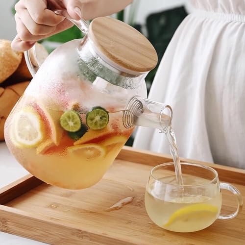 Image of Bellemax Borosilicate Premium Glass Water Jug - 1.8 LTR, Transparent, Hot Cold Water Pitcher with Wooden Lid Water Jug, Iced Tea, Milk and Juice Beverage Carafe, Lemon Kettle 1800ML (TR-09)